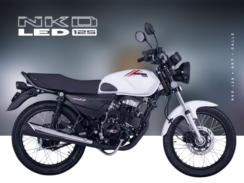 Motocicleta NKD LED 125 de color blanco, vista lateral, con diseño moderno y detalles deportivos.