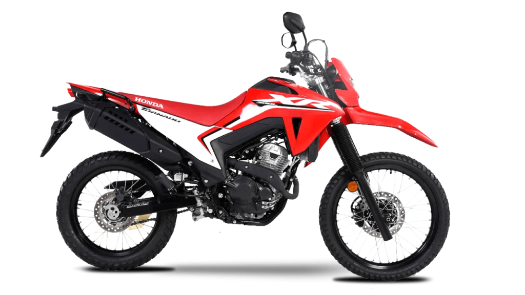 Motocicleta Honda XR300L Tornado, destacando su diseño resistente y características tipo dual sport.