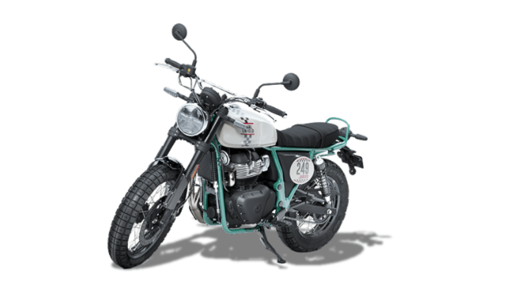 Royal Enfield Bear 650 en color blanco y azul, con diseño scrambler, asiento plano, manillar elevado y neumáticos mixtos.