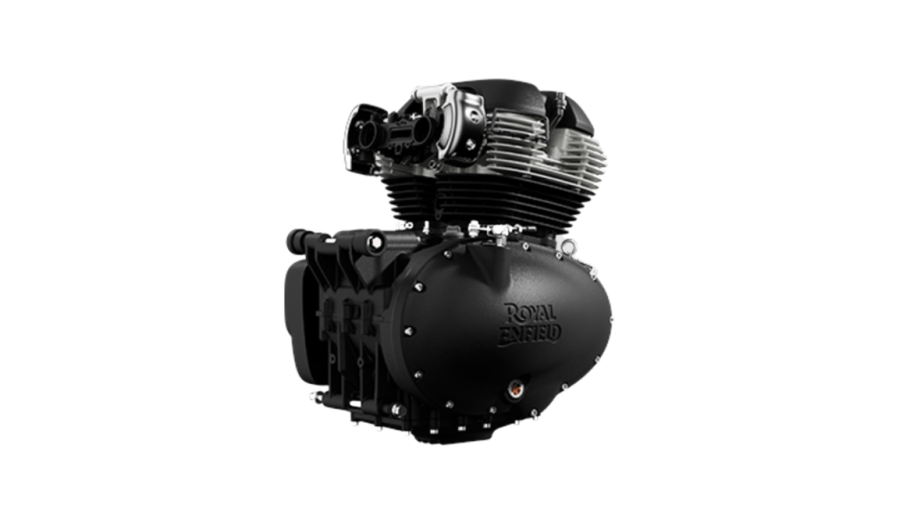 Motor bicilíndrico en paralelo de 648 cc de la Royal Enfield Bear 650, mostrando detalles del diseño y la marca.