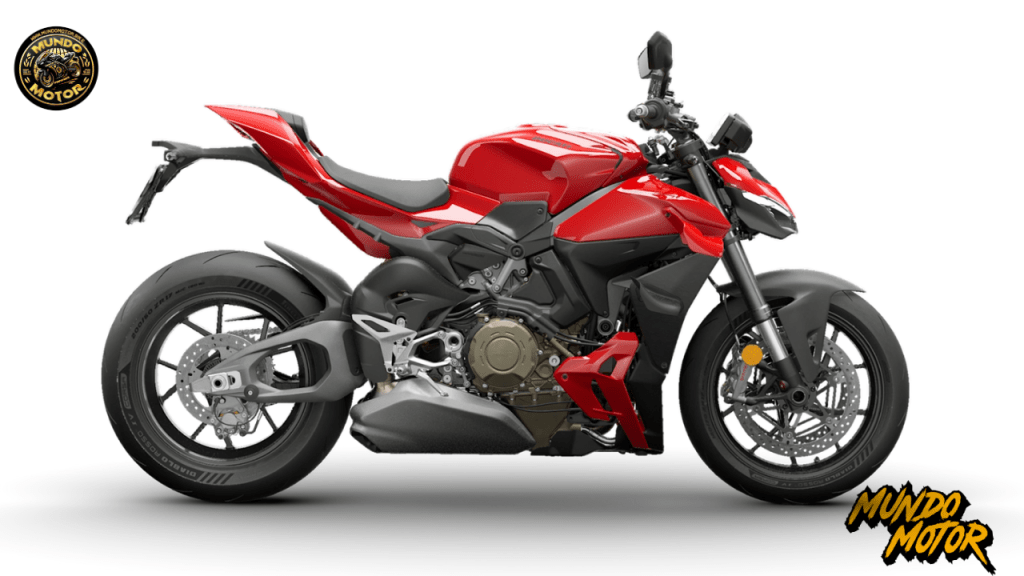 Moto Ducati Streetfighter V4 2025 en color rojo, vista lateral, destacando su diseño deportivo y moderno.