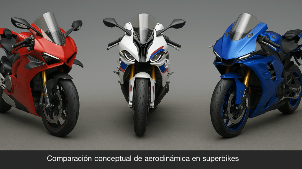 Comparación conceptual de aerodinámica en superbikes, mostrando tres motocicletas en colores rojo, blanco y azul.