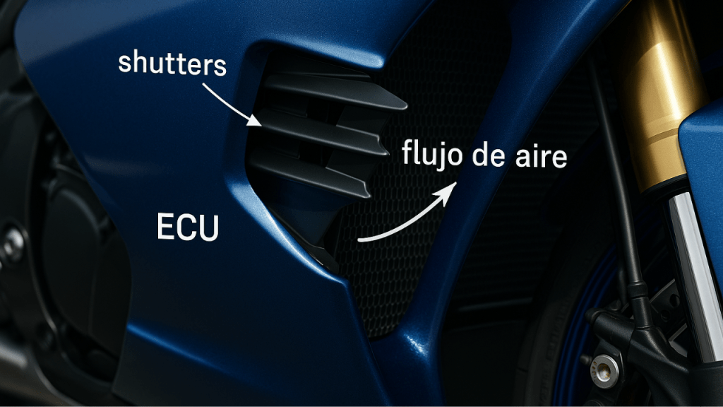 Detalle del sistema de aerodinámica activa en una motocicleta Yamaha, mostrando los shutters, el flujo de aire y la ECU.
