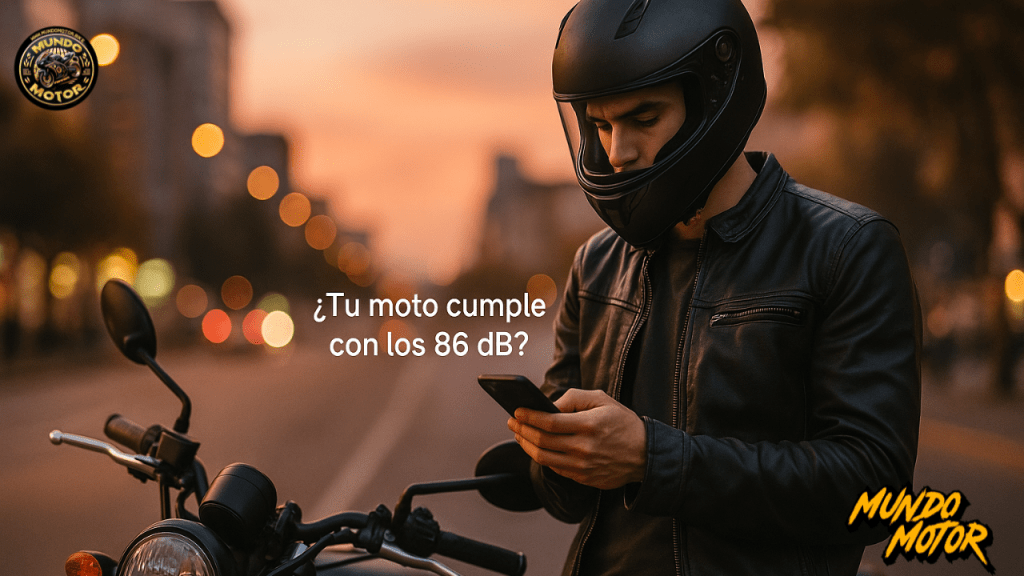Motociclista con casco revisando su teléfono móvil junto a su moto en una calle urbana al atardecer, con texto que pregunta si su moto cumple con los 86 dB.