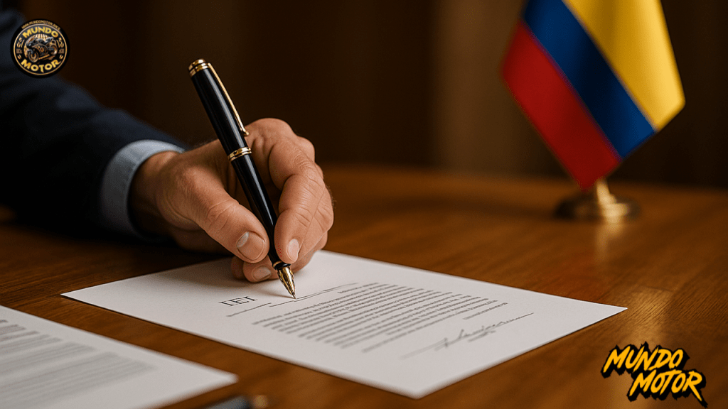 Una mano firmando un documento con un bolígrafo, junto a una bandera de Colombia en un escritorio.