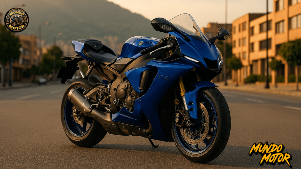 Motocicleta deportiva Yamaha YZF-R1 en una calle urbana, vista lateral y en ángulo, destacando su diseño aerodinámico y color azul.