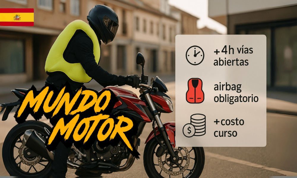 Motociclista europeo con chaleco airbag sube a una moto deportiva en España, junto a infografía que indica +4h en vías abiertas, airbag obligatorio y aumento del costo del curso para el permiso A.