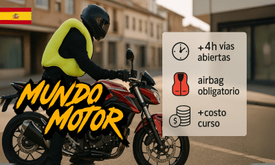 Motociclista europeo con chaleco airbag sube a una moto deportiva en España, junto a infografía que indica +4h en vías abiertas, airbag obligatorio y aumento del costo del curso para el permiso A.