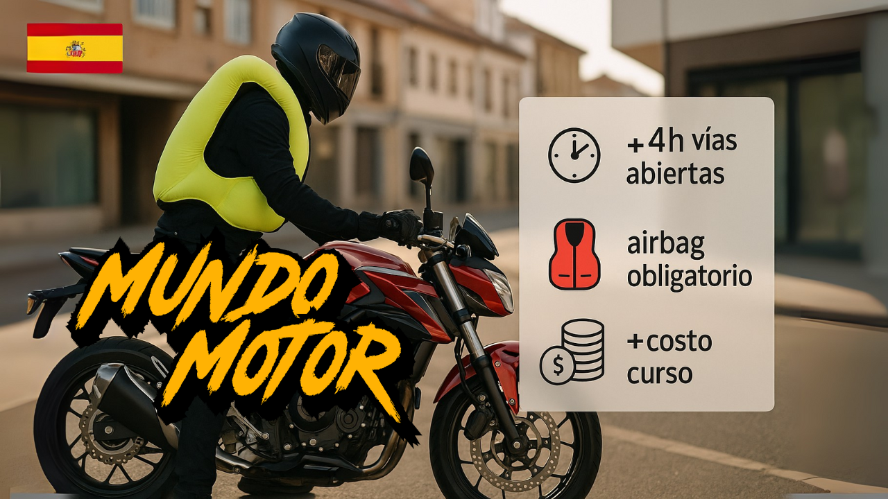 Motociclista europeo con chaleco airbag sube a una moto deportiva en España, junto a infografía que indica +4h en vías abiertas, airbag obligatorio y aumento del costo del curso para el permiso A.