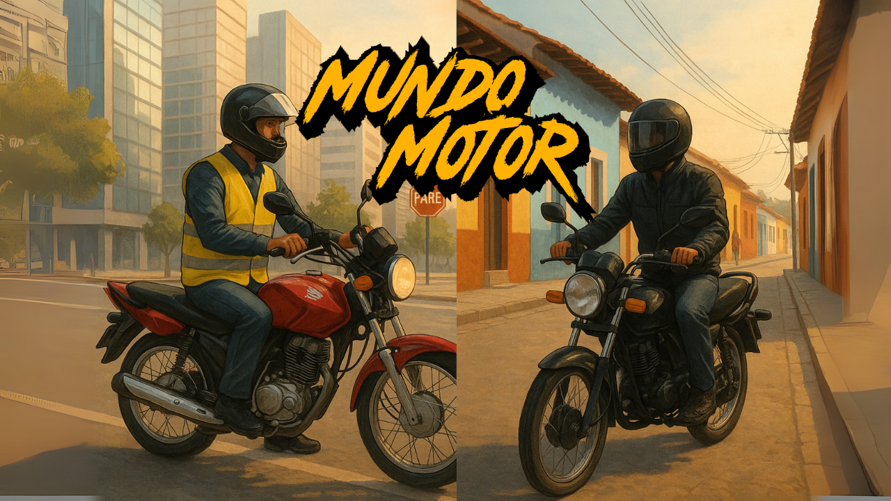 Mototaxistas en Brasil y Colombia ilustran la diferencia entre regulación descentralizada y nacional, con el logo de Mundo Motor en el centro