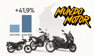 Gráfico comparativo muestra crecimiento del 41,9% en ventas de motocicletas en Colombia entre junio 2024 y junio 2025, con tres motos genéricas frente a un mapa del país, según informe de ANDI y FENALCO.