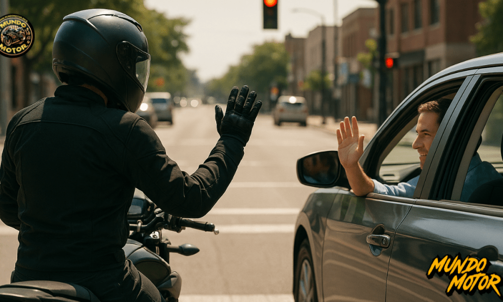 Motociclista saluda a un conductor en Minnesota promoviendo la convivencia vial, imagen con el logo de Mundo Motor.