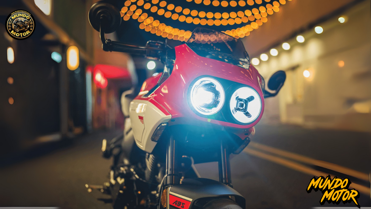 Primer plano del doble faro LED encendido de la CFMoto Papio SS 2025 en ambiente nocturno