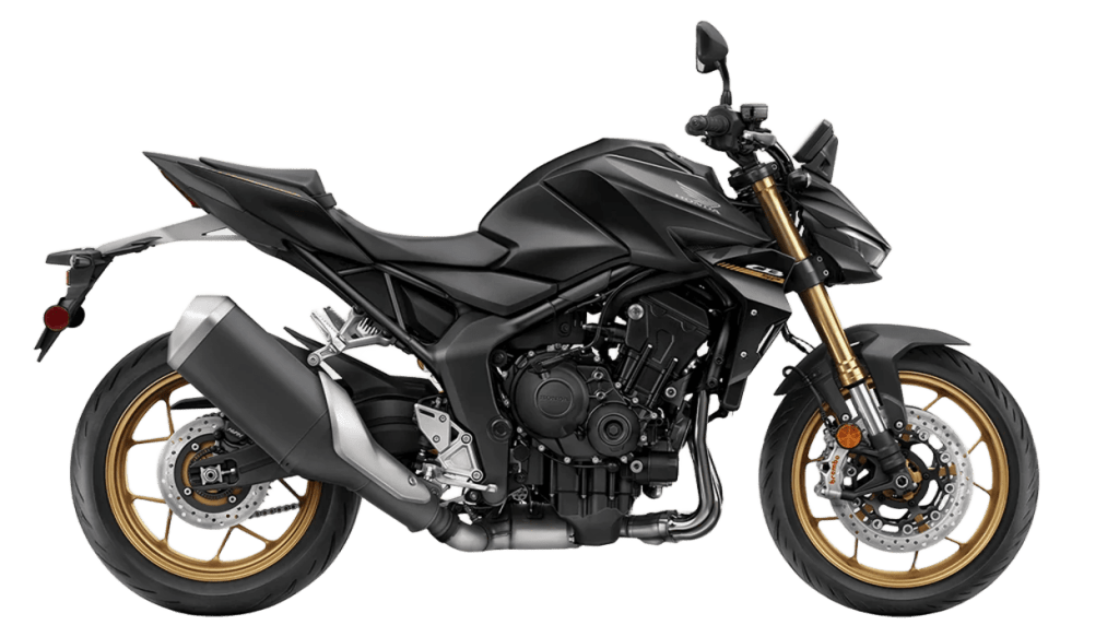 Motocicleta naked Honda CB1000R Hornet en color negro con detalles dorados, vista lateral mostrando su diseño deportivo y componentes de alta calidad.