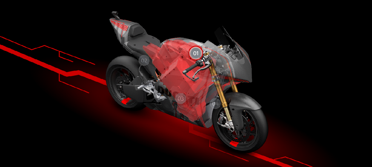 Representación técnica de la motocicleta eléctrica Lightfighter V3, mostrando su diseño innovador y componentes clave.