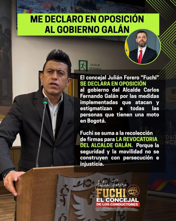 El concejal Julián Forero "Fuchi" se pronuncia en contra del gobierno del alcalde Carlos Fernando Galán, en un discurso sobre las restricciones a motociclistas en Bogotá.