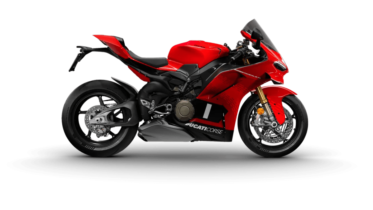 Imagen de una Ducati Panigale V2 de color rojo, destacando su diseño aerodinámico, con elementos de decoración Corse y el número 1, simbolizando su vinculación con MotoGP.