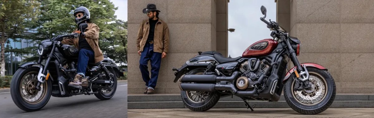 Motocicleta custom negra en movimiento con piloto, y otra motocicleta custom de color rojo estacionada con un hombre de pie junto a ella.