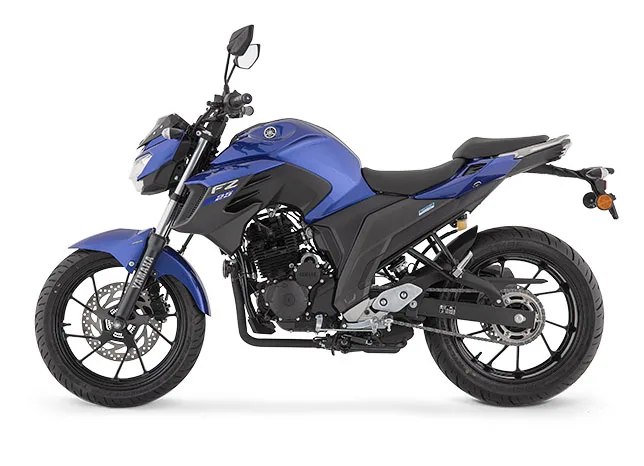 Moto Yamaha FZ25 ABS de color azul vista lateral, destacando su diseño urbano y detalles mecánicos.