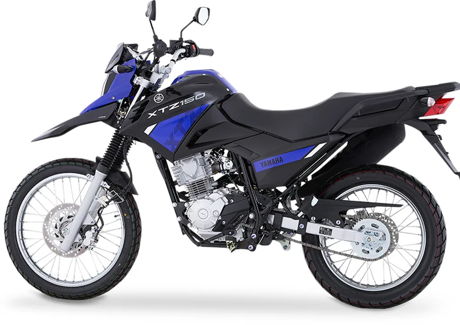 Side view of a Yamaha XTZ 150 motorcycle in blue and black colors.