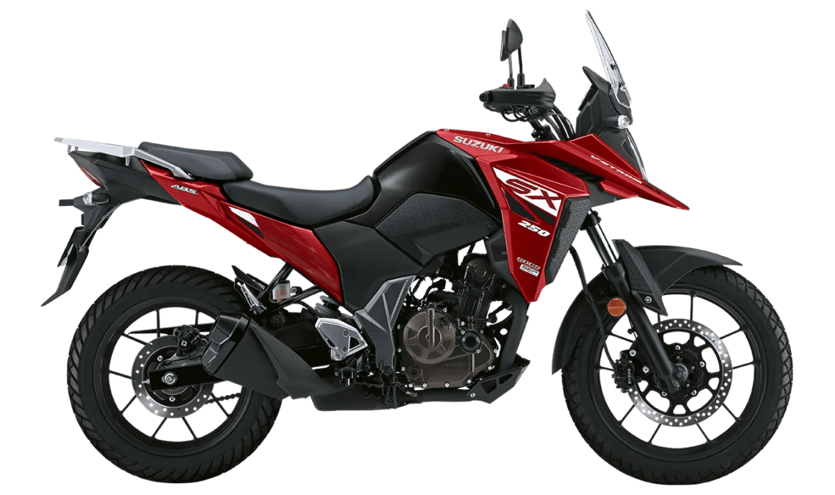 A red Suzuki motorcycle model SX 250 displayed at a slight angle, highlighting its sleek design and features.