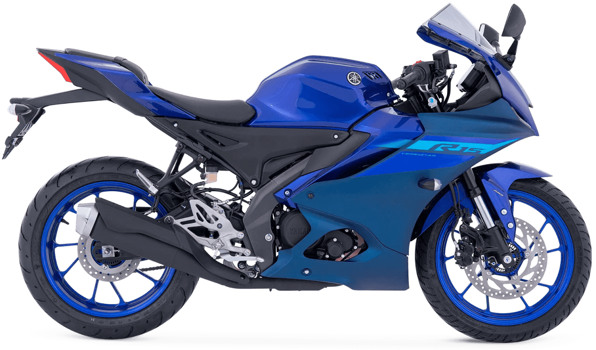 A blue Yamaha R15 motorcycle viewed from the side, showcasing its sleek design, aerodynamic body, and sporty features.