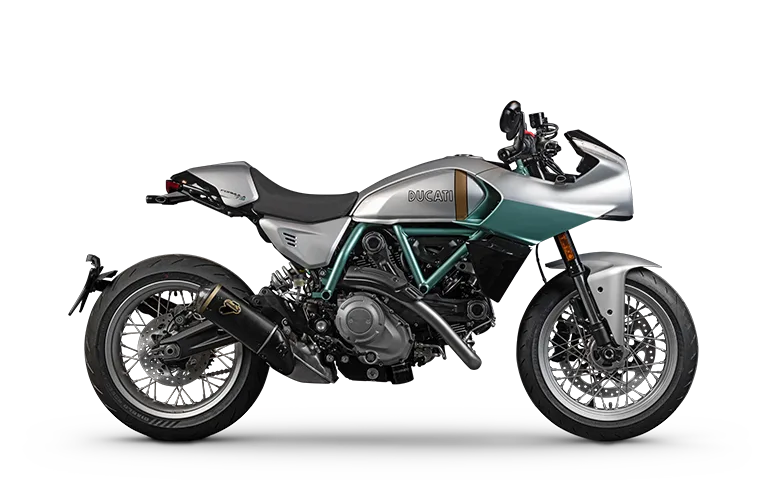 A side view of a Ducati Formula 73 (2026) motorcycle featuring a sleek silver and teal design, with a visible engine and stylish wheel rims.
