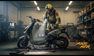 Bombero inspeccionando los restos de un scooter eléctrico tras un incendio en un local comercial, reflejando la investigación sobre fallos en baterías de litio.
