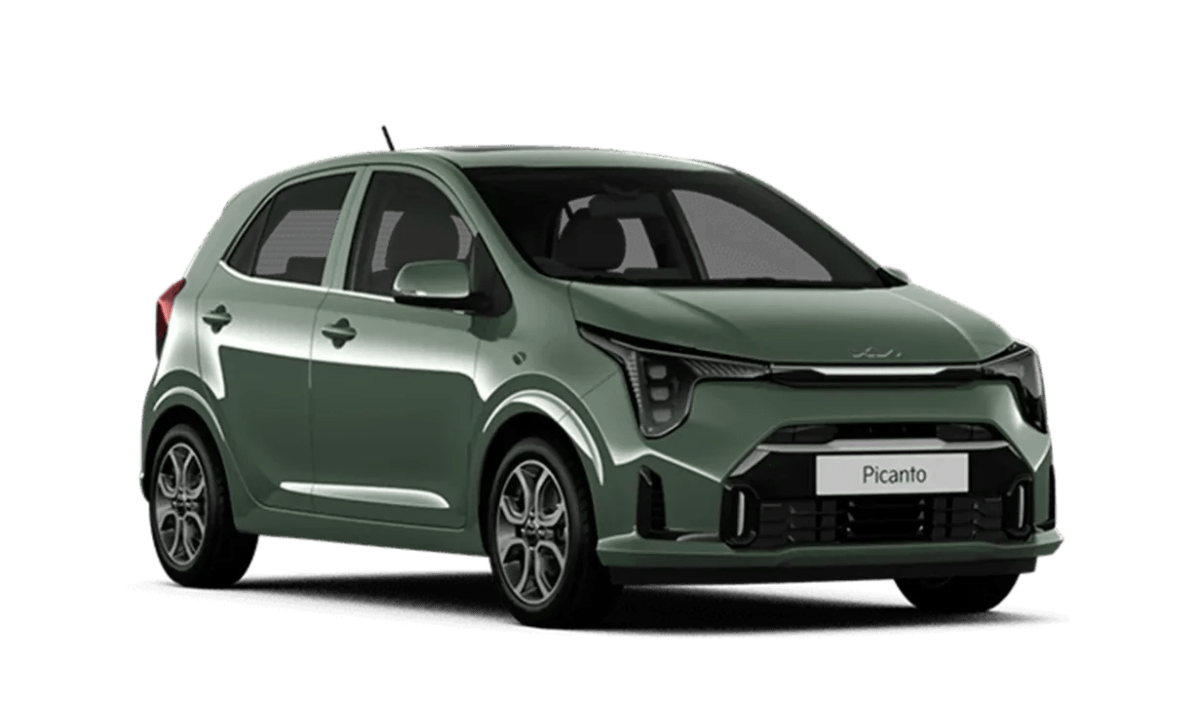 Auto marca Kia modelo Picanto en color verde, visto de costado.