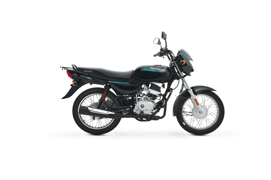 Motocicleta Boxer en color negro y detalles en azul, vista lateral, sobre fondo blanco.