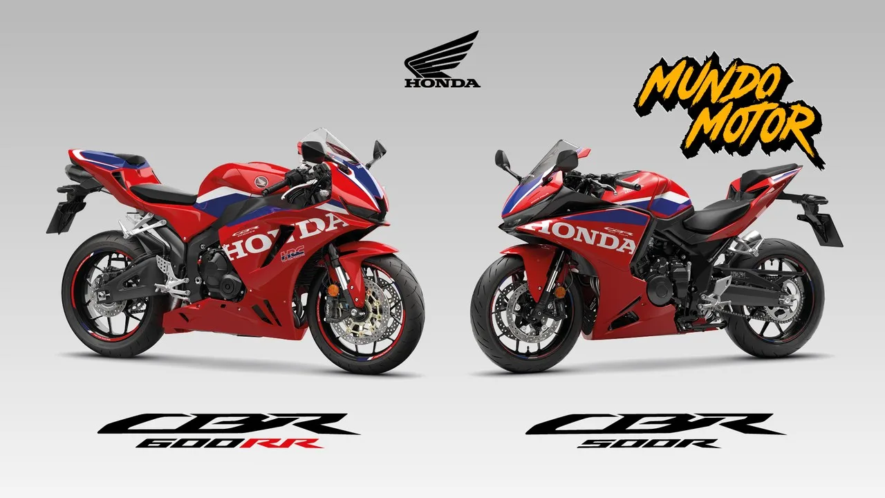 Honda CBR600RR 2027 y Honda CBR500R FOUR 2027 en color Ignition Red Tricolour, vistas de frente en estudio